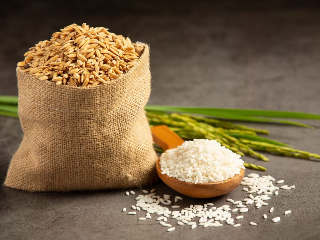 Paddy in a jute sack beside a bowl of white rice and rice stalks
