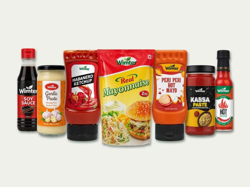 Wimter-labelled soy sauce, garlic paste, ketchup, mayonnaise, peri peri mayo, kabsa paste and hot sauce